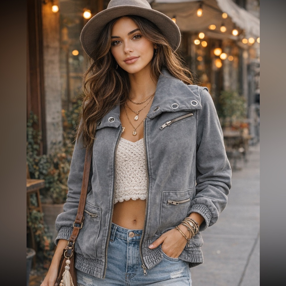 Organic Cotton Women's Charcoal Moto Utility Jacket Distressed mineral‎ wash